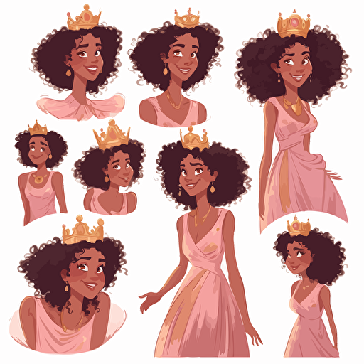 vector illustration, multiple expressions and poses of a beautiful happy black mixed race girl princess with wild Afro hairstyle in long soft pink dress, and golden crown on her head, in vivid colors, with white background.
