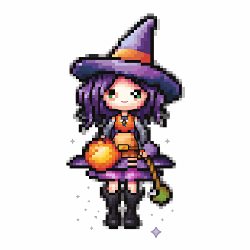 witchy, Sticker, Adorable, Sparkly Colors, Pixel Art, Contour, Vector, White Background, Detailed