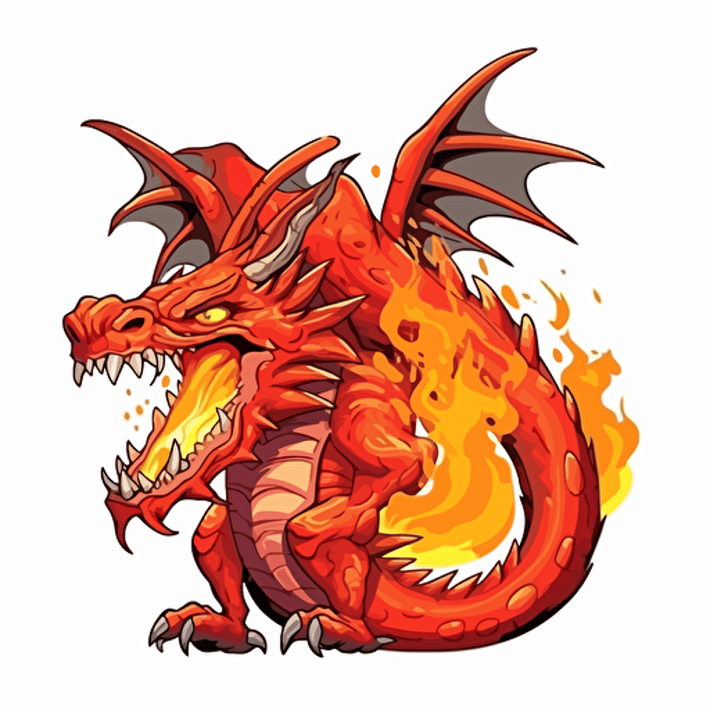 ferocious dragon and fire, detailed, cartoon style, 2d clipart vector, creative and imaginative, hd, white background