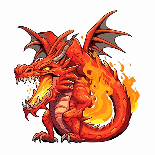 ferocious dragon and fire, detailed, cartoon style, 2d clipart vector, creative and imaginative, hd, white background