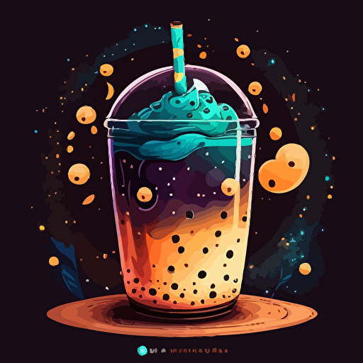 colorful vector art, galaxy inside boba drink, boba pearls