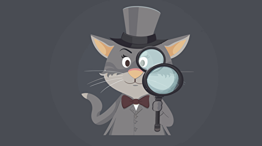vector illustration, inspector cat, magnifying glass, grey background