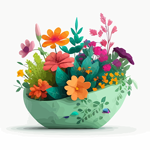 create a simple minimalistic vector style green planter full of amazingly colorful flowers vector style on white background