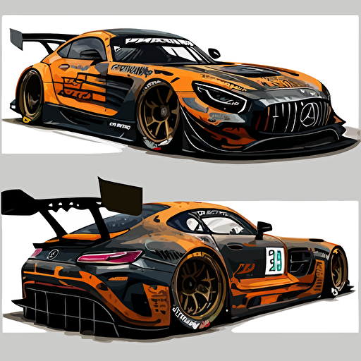 2016 Mercedes-AMG GT3, rebuilt with junk yard parts, mismatched body panels, celshading, Borderlands style, vector image