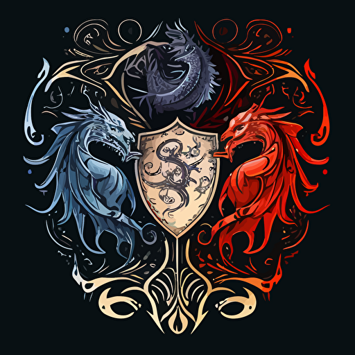 coat of arms game of thrones style. vector illustration. 3 dragons in harmony. Each dragon symbolizes light, ice and fire.