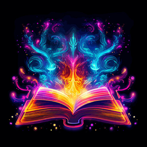 an open book, surrounded by elegant magical motifs, 2d vector, neon colours, epic composition, vector design on the edges of the image