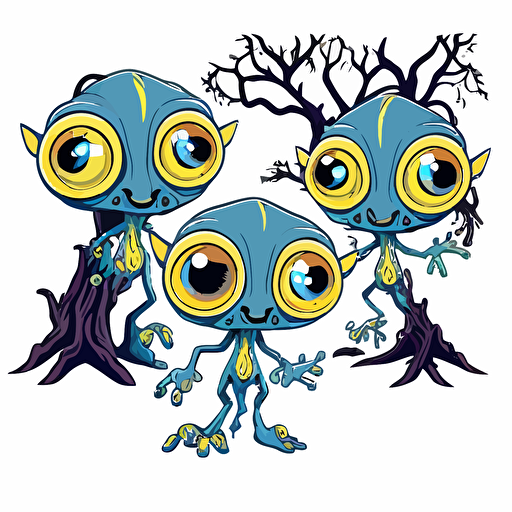cartoon vector style, big eyed, cute, The Novians are humanoid beings with blue skin and glowing yellow eyes. They have long, slender fingers and toes, which are perfect for climbing the tall trees that cover their planet. They have a deep connection with nature and are known for their unique ability to communicate with the animals and plants on their planet