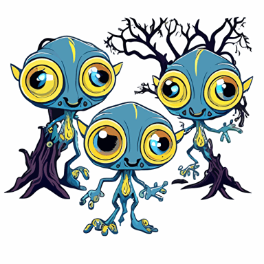 cartoon vector style, big eyed, cute, The Novians are humanoid beings with blue skin and glowing yellow eyes. They have long, slender fingers and toes, which are perfect for climbing the tall trees that cover their planet. They have a deep connection with nature and are known for their unique ability to communicate with the animals and plants on their planet