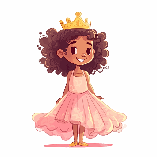 vector illustration of a cute, adorable, beautiful little mixed race girl princess, with wild curly hair, standing, wearing a beautiful pink long dress and a golden crown on her head, in vivid colors