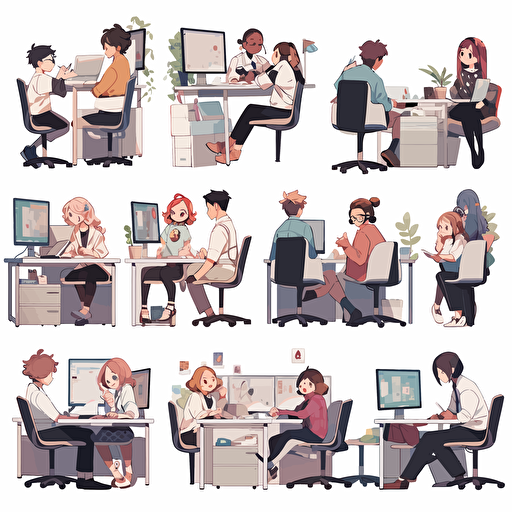 some employees that love their workspace, happy faces, vector illustration, colorful
