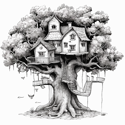 White, no color, cartoon vector drawing of a big tree with a tree house, birds, simple, low detail,