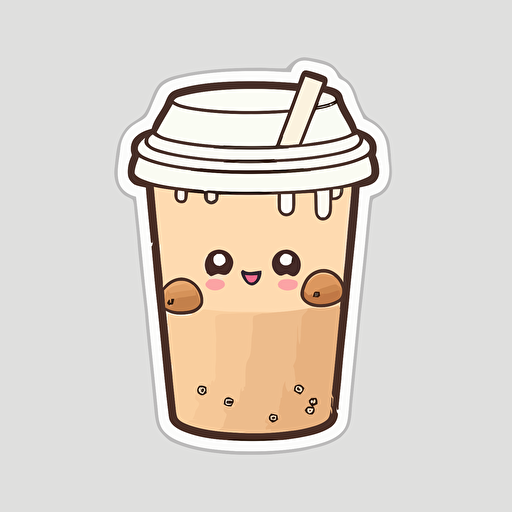 kawaii coffe cup, sticker, vector, white background, contour, cartoon style
