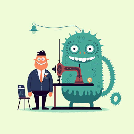 a nice monster, dressed as a tailor, dressed in suit, standing next to sewing machine, vector illustration, flat