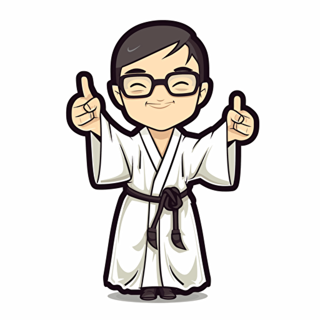 vector sticker, doodle, an asian guy waring black and white Taoist Robe and round black glasses, victory gesture, flat, white background, black outline, cartoon