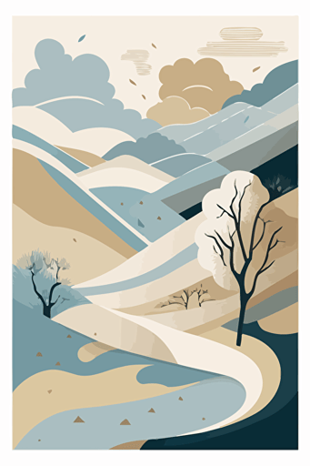 Dusty blue and beige abstract landscape art, Minimalist, vector, contour
