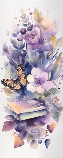 watercolor vector art, pastel colors, abstract, pretty books, butterflies, purple, flowers, plants,
