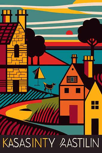 flat, vector, svg, pdf, scottish village, by Keith Haring, Wassily Kandinsky