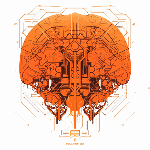 2D vector brain in minimalism cyberpunk style and in orange colors. Background white