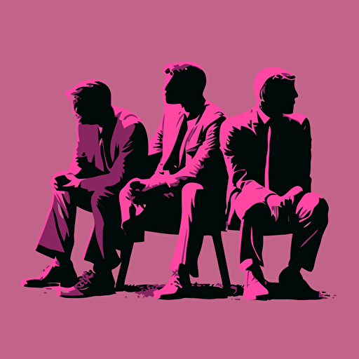 3 man, Relaxed, Motivation, pink color, gray background, simple design, vector style, white outline over silhouette