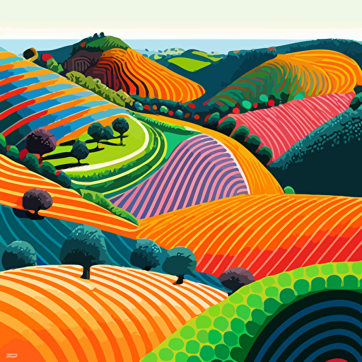 vector field visitation, pointillism, rolling hills, farms, art forms, colorful curves, edogawa ranpo, multi layered color felds urtra fine details