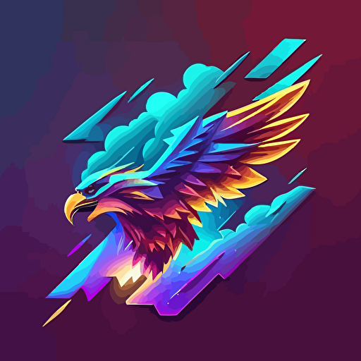 A logo for a Thunderbird in an action pose with its wings spread in a storm::Clouds in the background, code style, color, vector