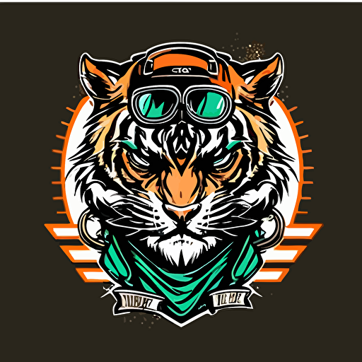 a minimal vector logo motorcycle club emblem, tiger with motorcycle glasses, two piston head, handlebars,colorful