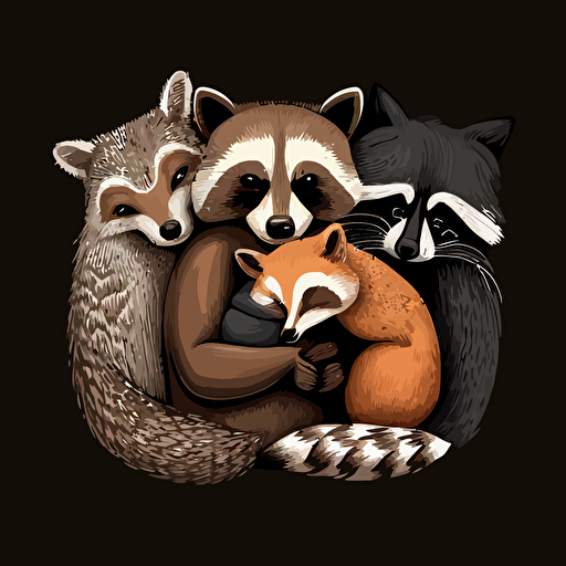 a racoon, a fox, a squirell and a possum hugging vector black background