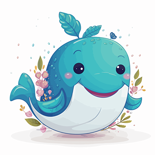 cute whale, detailed, cartoon style, 2d clipart vector, creative and imaginative, floral, hd, white background