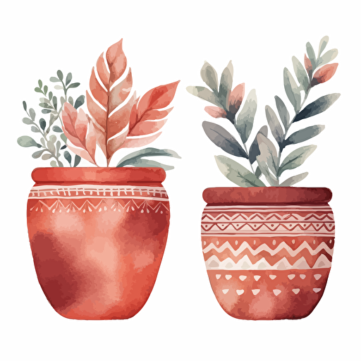 watercolor vector illustration boho three terracotta planters sticker white background