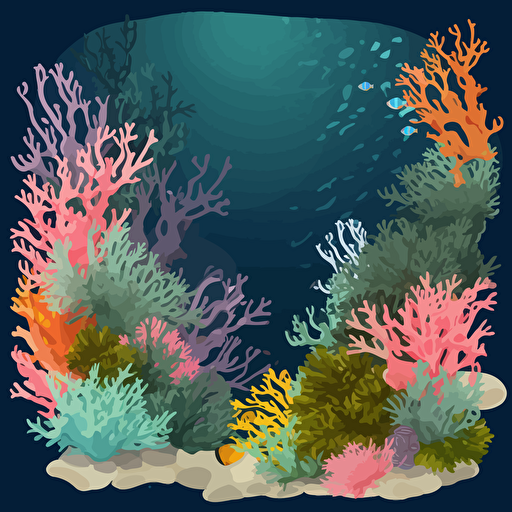 background scene, clip-art, vector, colorful coral and seaweed, ocean floor top-view