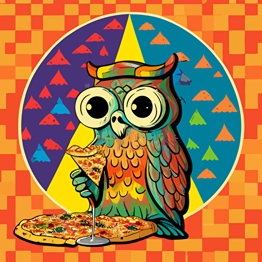 1970s trippy vector illustration of an owl smoking a joint for 420 with pizza and weed pattern background