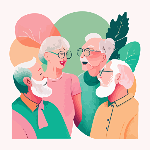 group of fifties years old people working on a community project, talking, smiling, pastel colours, vector illustration style