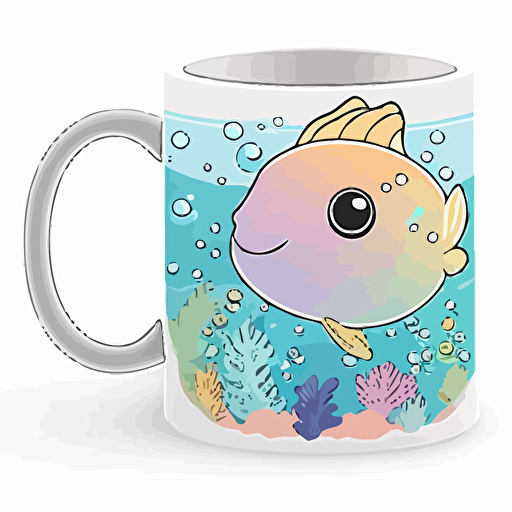 create a design for an 11oz coffee mug,horizontal, Kawaii style cute Pompano fish swimming in a reef, cartoon style, vector contour, pastel colors, white background