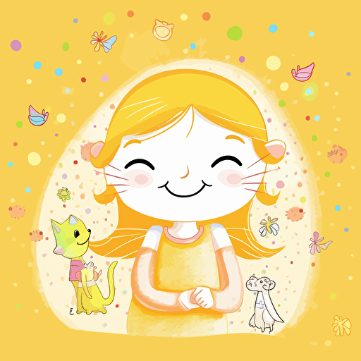 multicolor child illustration, big, vector, background white, cat, littlr cat, light yellow, smile, happy, joy, child 6144x6144