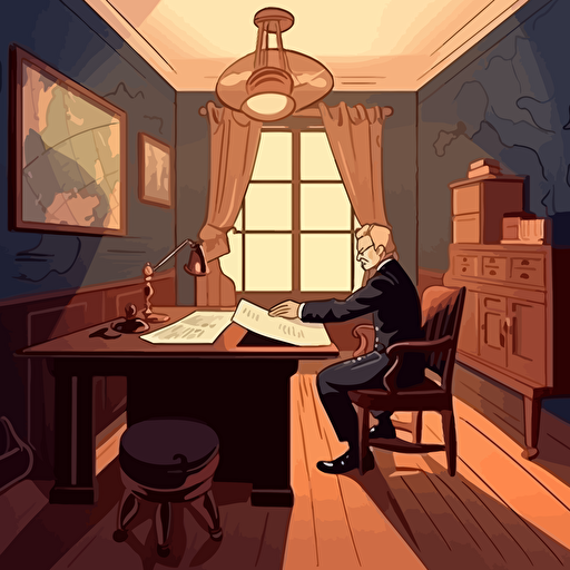 a front shot vector modern illustration of a notary public sitting on a leather chair signing a contract on a big wooden old desk in his parisian office