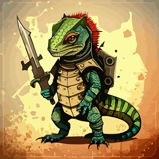 lizard body armour with bandaged forehead, posing with weapon, sticker design, vector illustration.