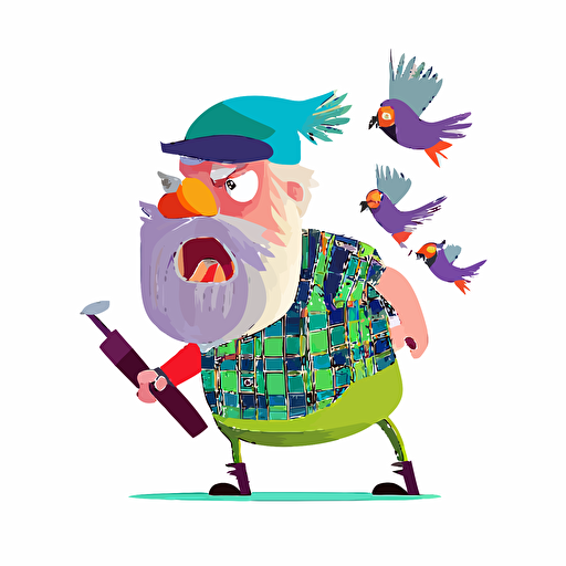 funny, angry old Scottish man with beard and golf hat shooting at birds, playful, brightly coloured, vector, solid colour,