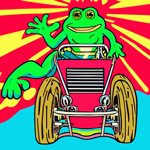 pop wonder nft frog racer hot rod oversized character driving fast vehicle wading goopy muck slithering castle delights melted cheesy day hand drawn vector svg cult classic comic style
