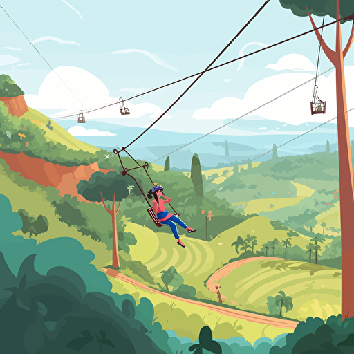 2d illustration of a person zip lining at Picnic Grove in Tagaytay Philippines, vector art style