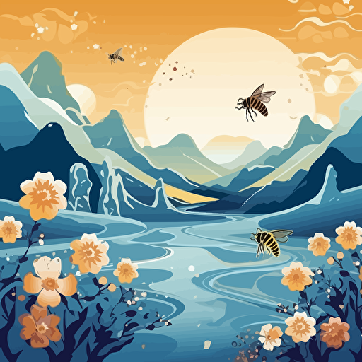 create a wallpaper of nature, include bees, ice cold mountian behind, vector, leave a place for logo more to the left, use only 5 colors,