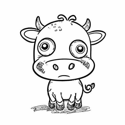cute cow in farm, big cute eyes, pixar style, simple outline and shapes, coloring page black and white comic book flat vector, white background