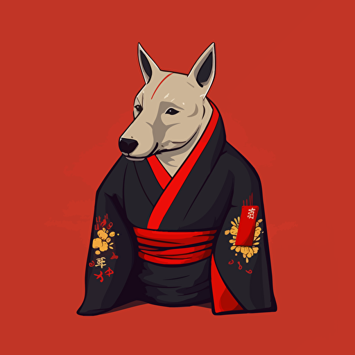logo design, flat 2d vector logo of a battle warrior bull terrier wearing kimono suit, red and black colors