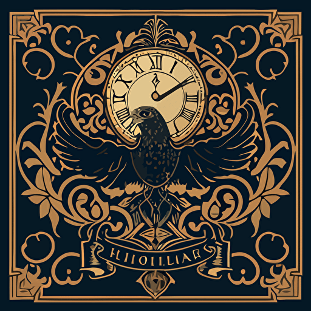 a vector type image of a square shaped ornate clock face with spandrels in the corners. In each spandrel there is an image representing a Hogwarts House. The upper left spandrel has the silhouette of a lion. The upper right spandrel has a silhouette of an eagle. The bottom left spandrel has the silhouette of a snake. The bottom right spandrel has a silhouette of a badger.