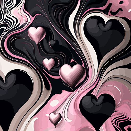 liquid pink, black, and silver marble with subtle heart shapes in pattern, flat vector art
