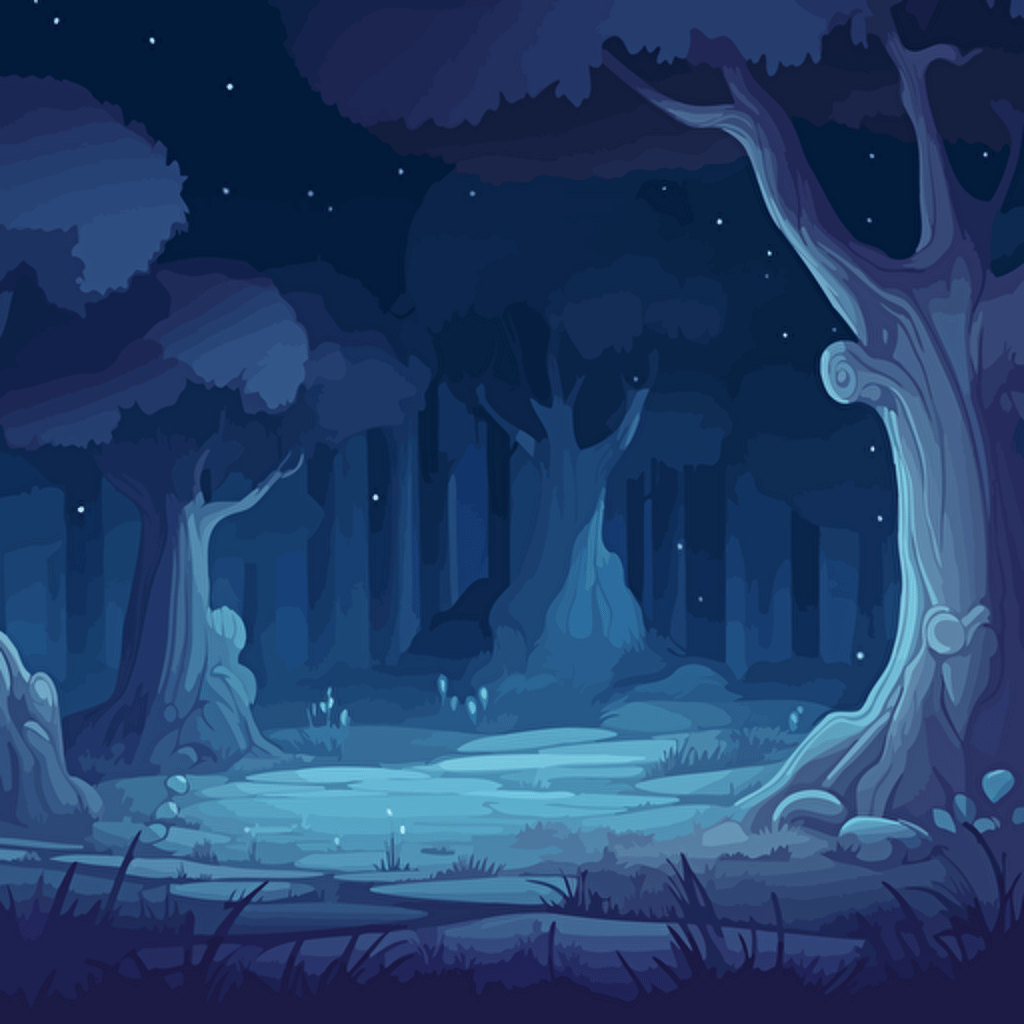 seamless unending cartoon background for children cartoon game. night forest landscape. vector illustration. parallax ready + background bottom layer should b toned down blue. The layer on top, only toned down navy blue of briefly drawn vectorized tree trunk shapes. The top layer should be the darkest shade of blue used in the picture, briefly vectorized trees. Landscape. AR 16:9.