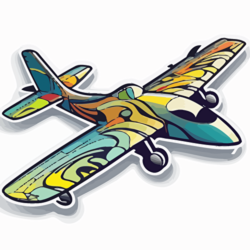 sticker, colorful fixed wing drone flying, contour, vector, white background