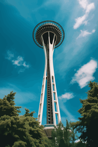 vector art, seattle, space needle, from below, clouds