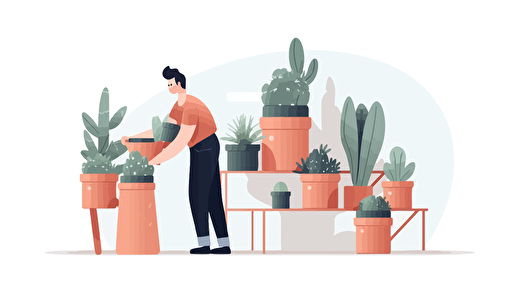 putting a plant pot of succulent on a open air shelf, flat color, vector illustration, for blog thumbnail image, simple, white background