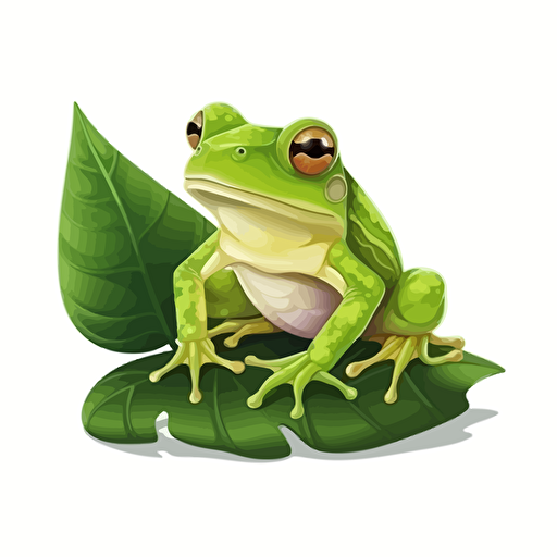 frog sitting on leaf, detailed, cartoon style, 2d clipart vector, creative and imaginative, hd, white background