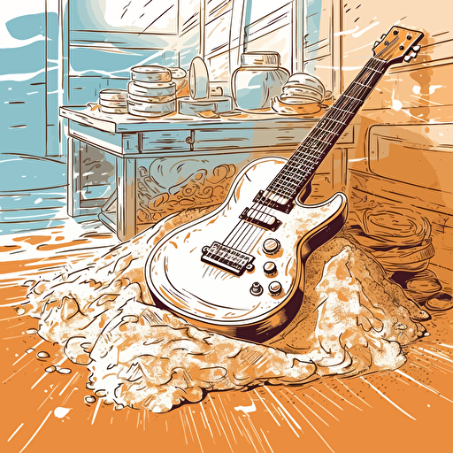 the guitar is lying next to a pile of flour, positive, sunny, bright, rockers studio in the background, stylization vector